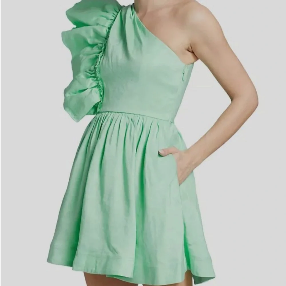 Aje Women's Green Linen Flutter Sleeve One-Shoulder Bonjour Dress Size 8AU , 4US - Picture 1 of 6